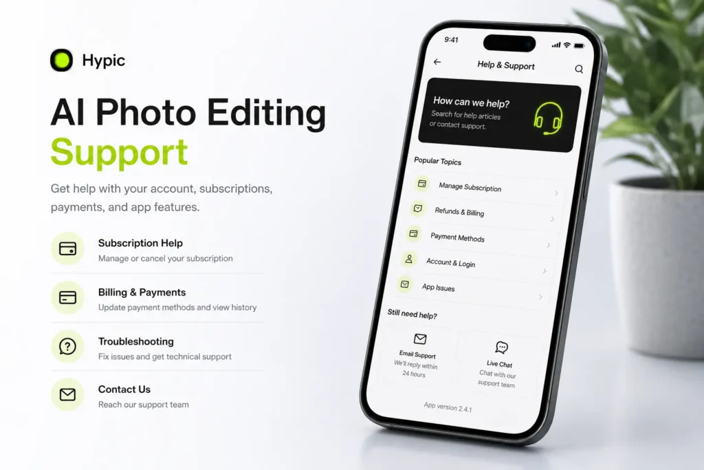AI photo editing app help and support interface on smartphone