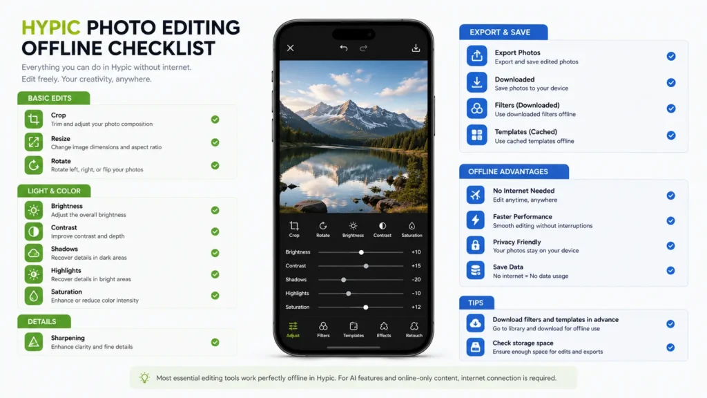 Checklist infographic showing Hypic features available without internet access