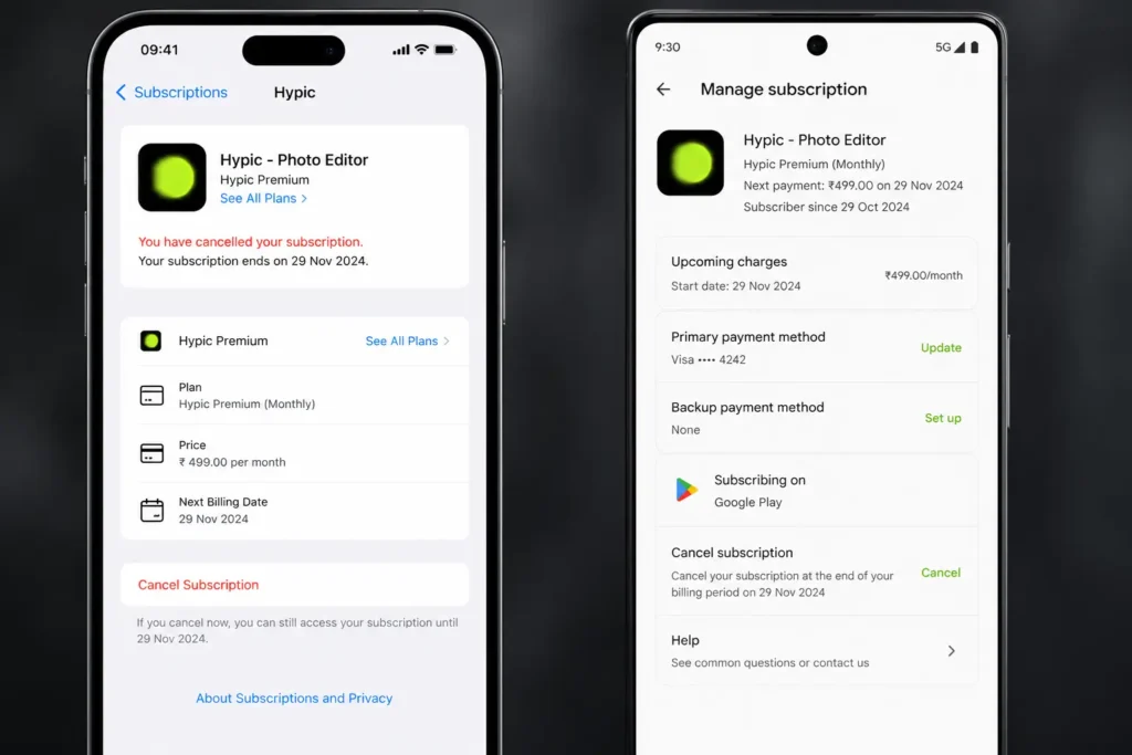 AI photo editor app billing dashboard with auto renewal settings