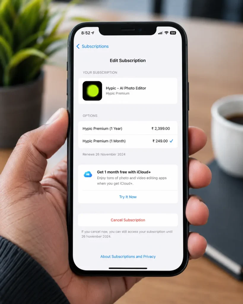iPhone displaying Apple subscription cancellation settings for Hypic Pro