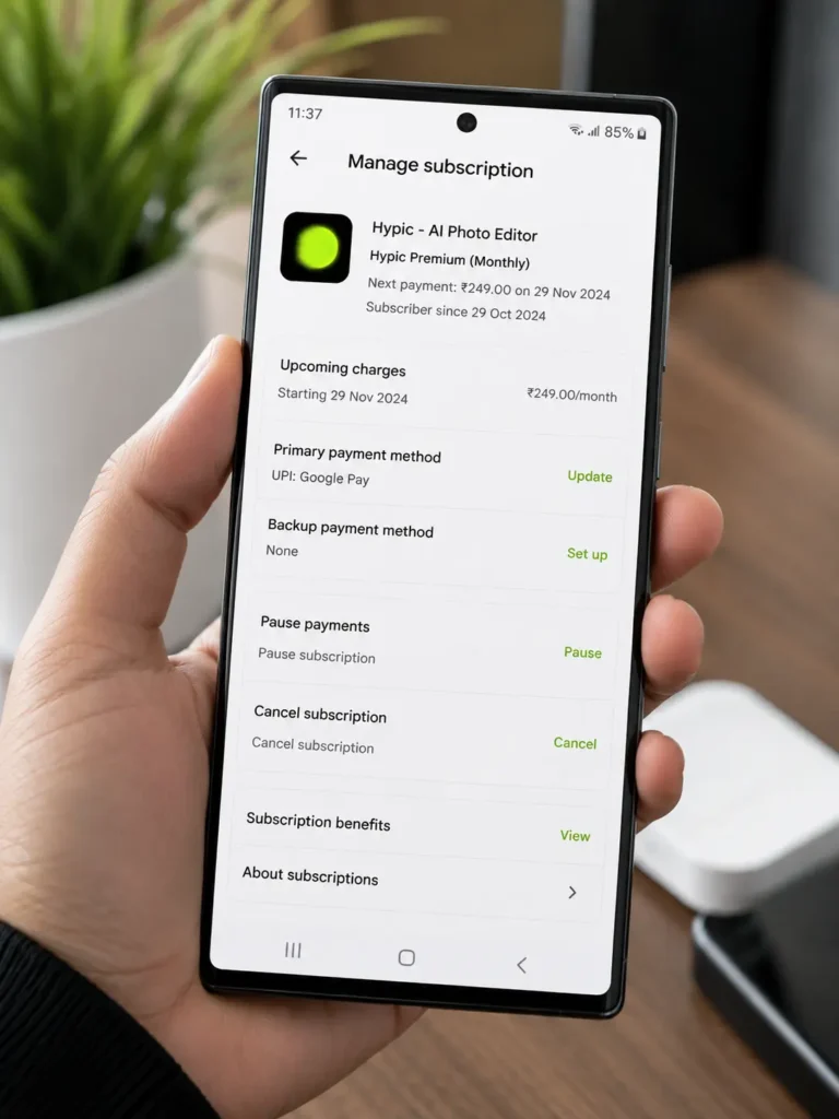 Android phone showing Google Play subscription cancellation screen