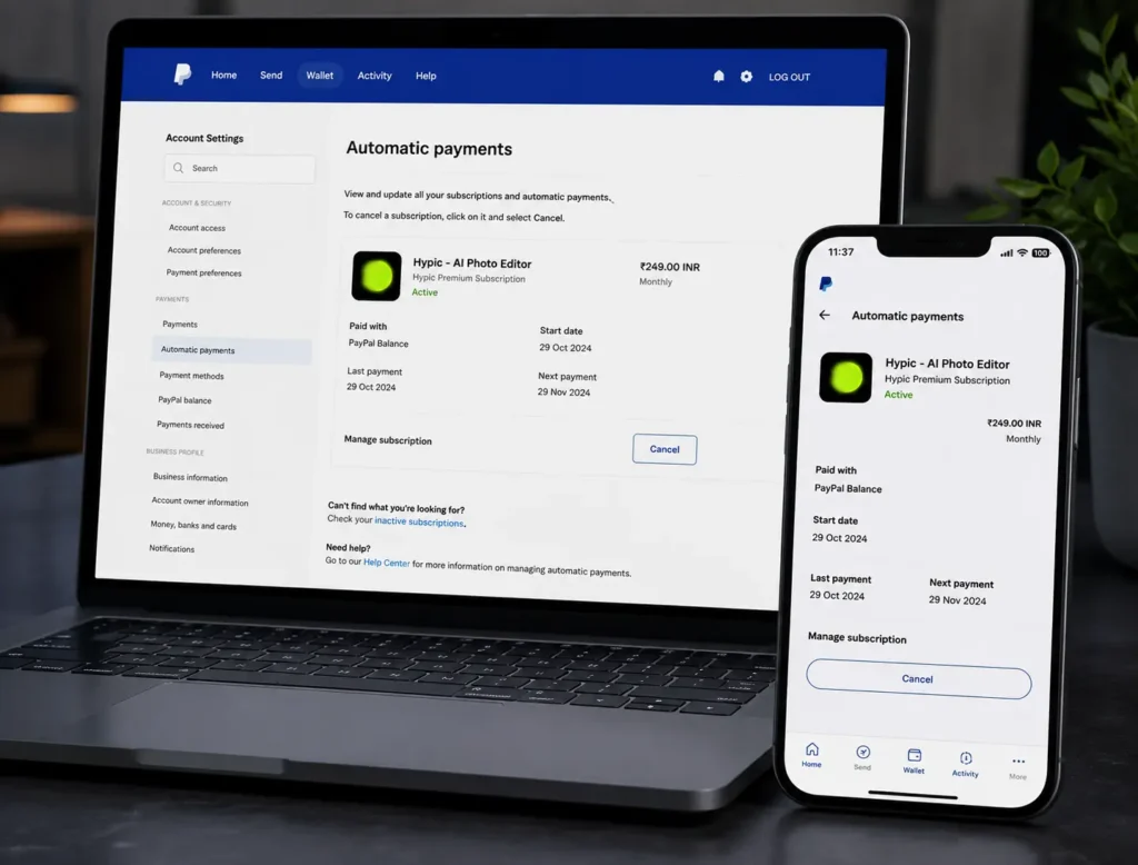 PayPal automatic payments dashboard for subscription cancellation