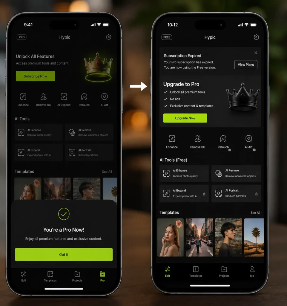 AI photo editing app switching from Pro version to free version