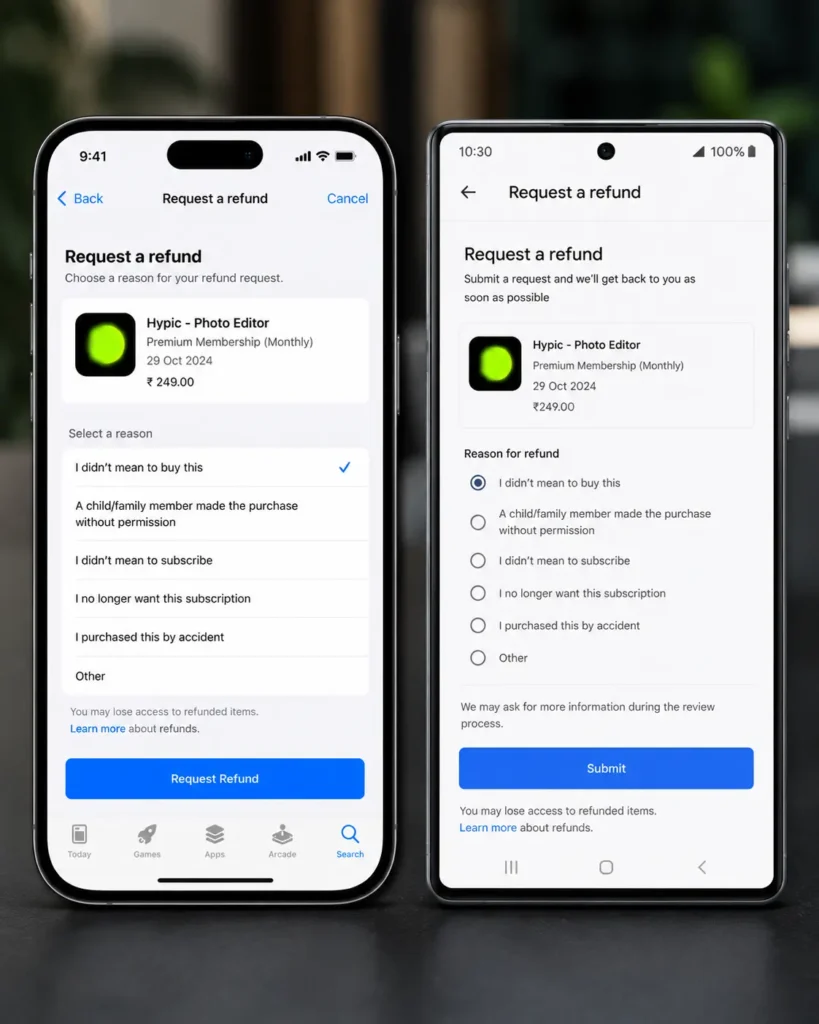 Refund request screen for App Store and Google Play purchases