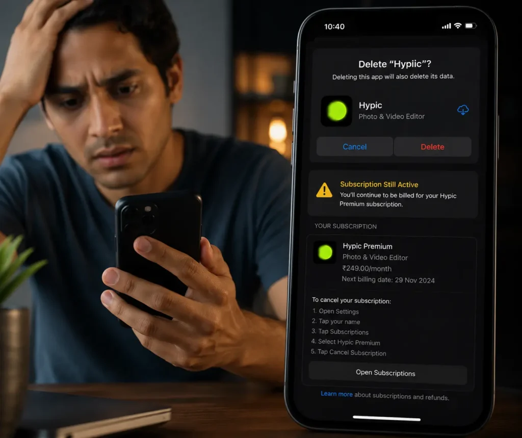 User deleting AI photo editing app while subscription remains active
