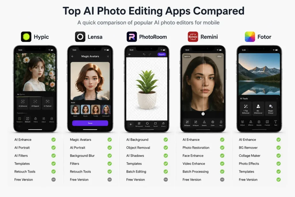 Comparison of AI photo editing apps on smartphones