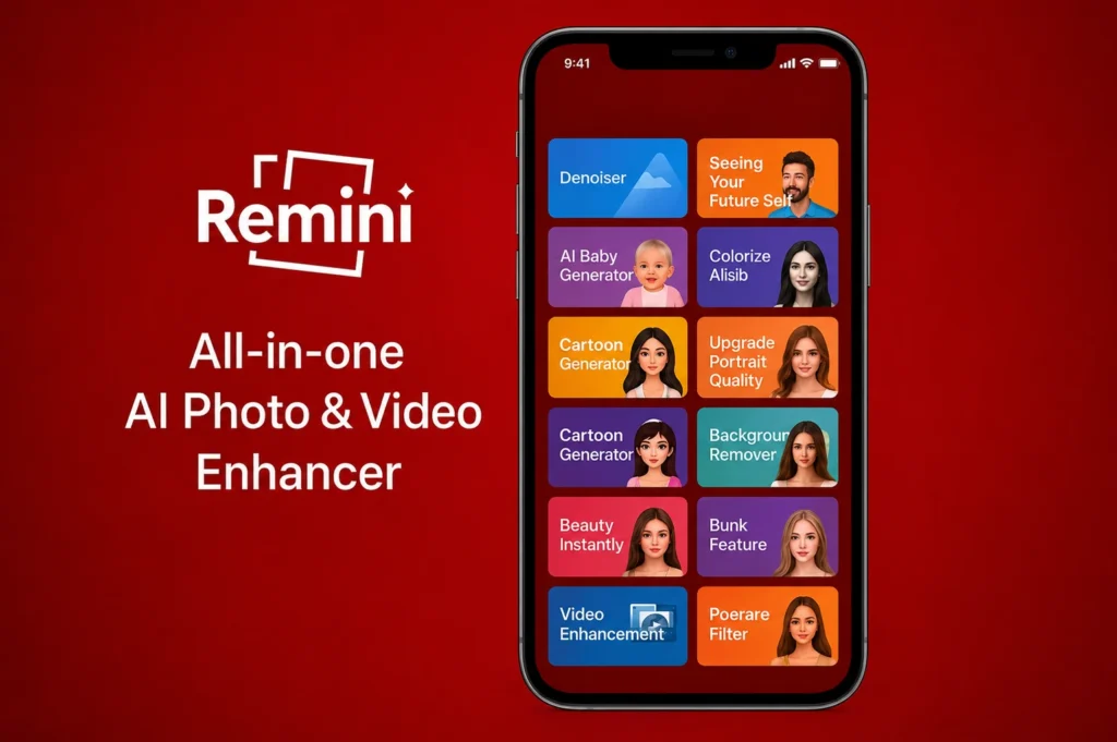 Remini AI photo and video enhancer mobile app interface showing tools for photo restoration, colorization, background removal, and portrait enhancement.