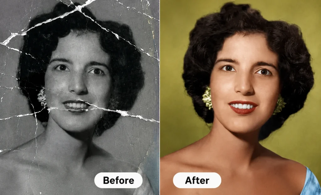 Before and after comparison of a restored vintage portrait photo showing AI photo repair, colorization, scratch removal, and HD enhancement.