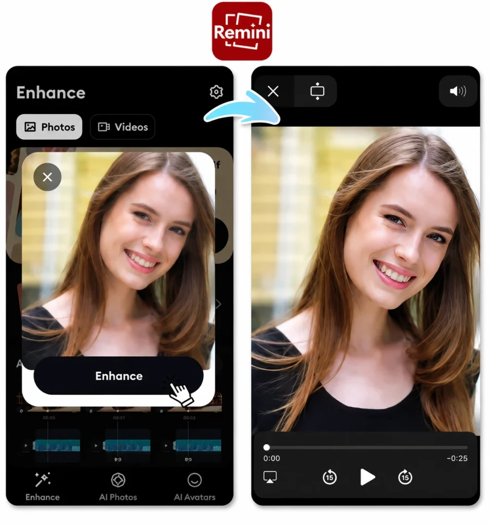 Remini AI photo enhancer app showing before and after portrait enhancement with improved image clarity and facial details.