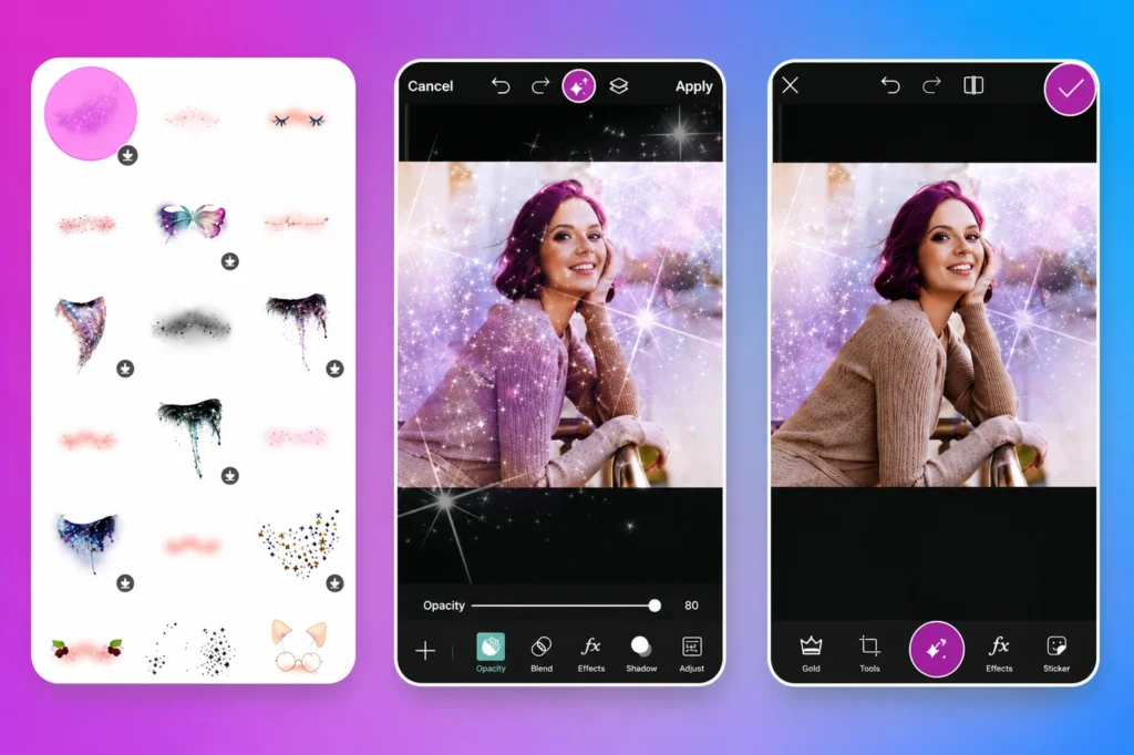 PicsArt mobile editing app displaying sparkle overlays, glitter effects, and aesthetic portrait enhancement tools on smartphone screens.
