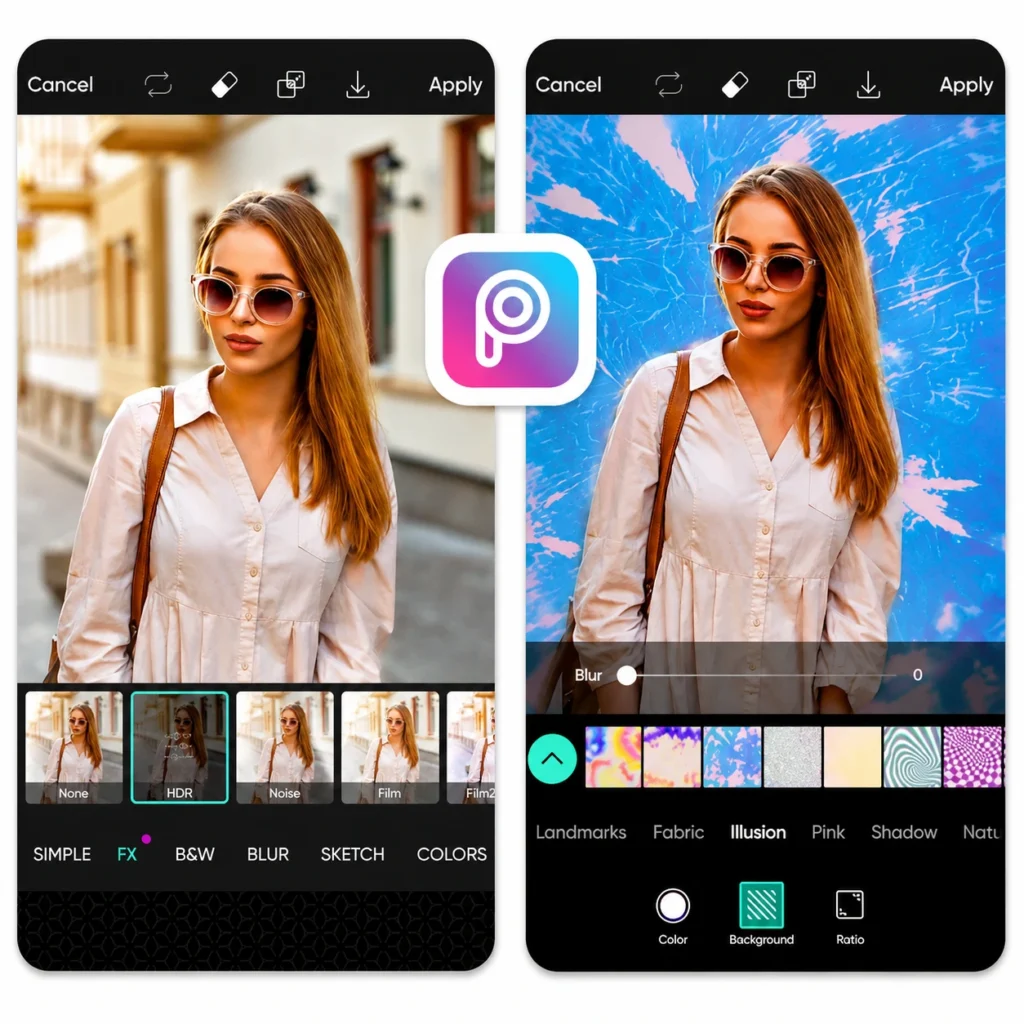 PicsArt mobile photo editing app showing AI background effects, HDR filters, and portrait editing tools on a smartphone interface.