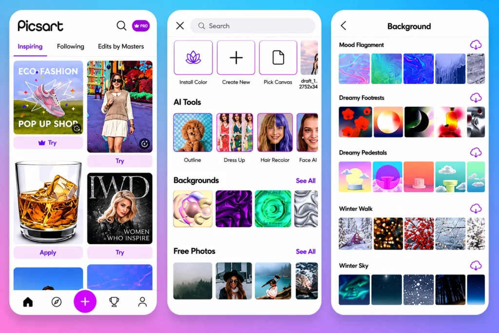 PicsArt mobile app interface displaying AI photo editing tools, creative backgrounds, filters, and design customization features.