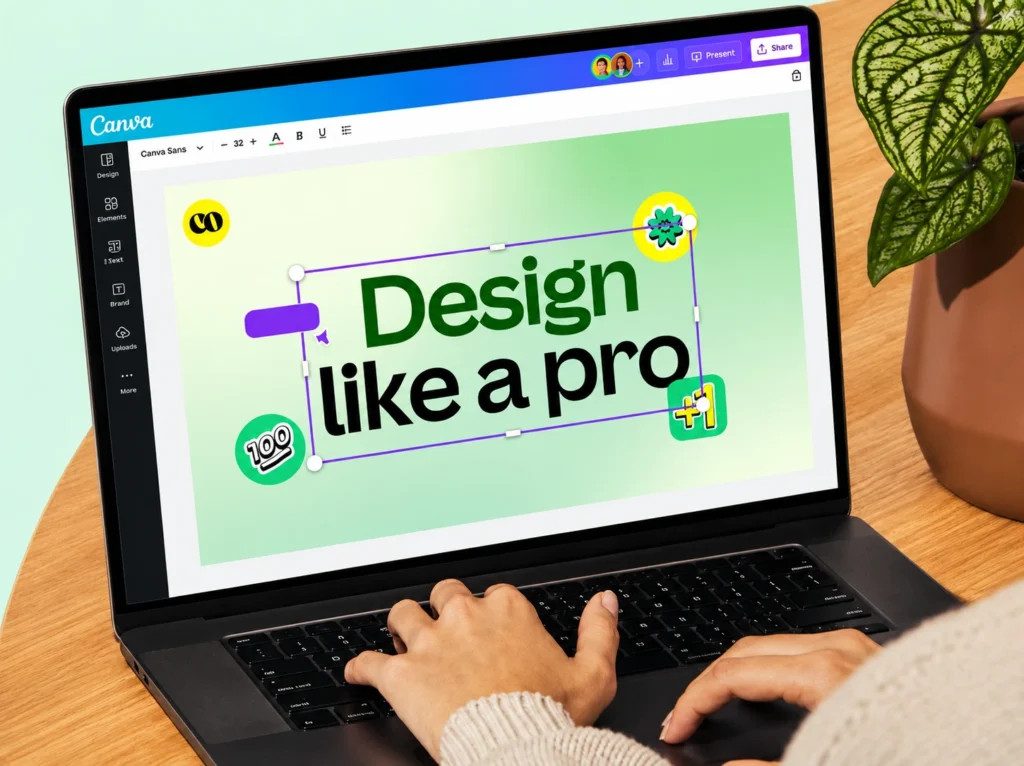 Canva design platform displayed on a laptop showing graphic editing tools and professional text design customization interface.