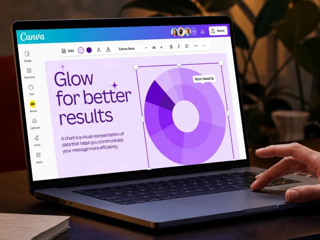 Canva graphic design editor on a laptop displaying chart customization, presentation design tools, and professional visual content creation interface.