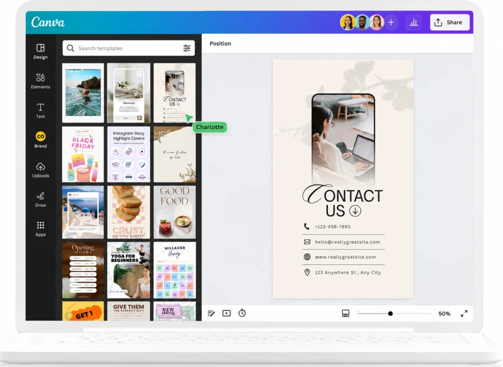 Canva online editor interface displaying social media templates, branding tools, and customizable contact design layouts on a laptop screen.