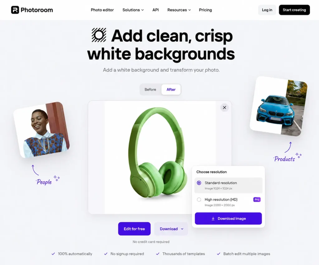 Photoroom AI photo editor interface showing white background generation, product photo enhancement, and background removal tools for images.