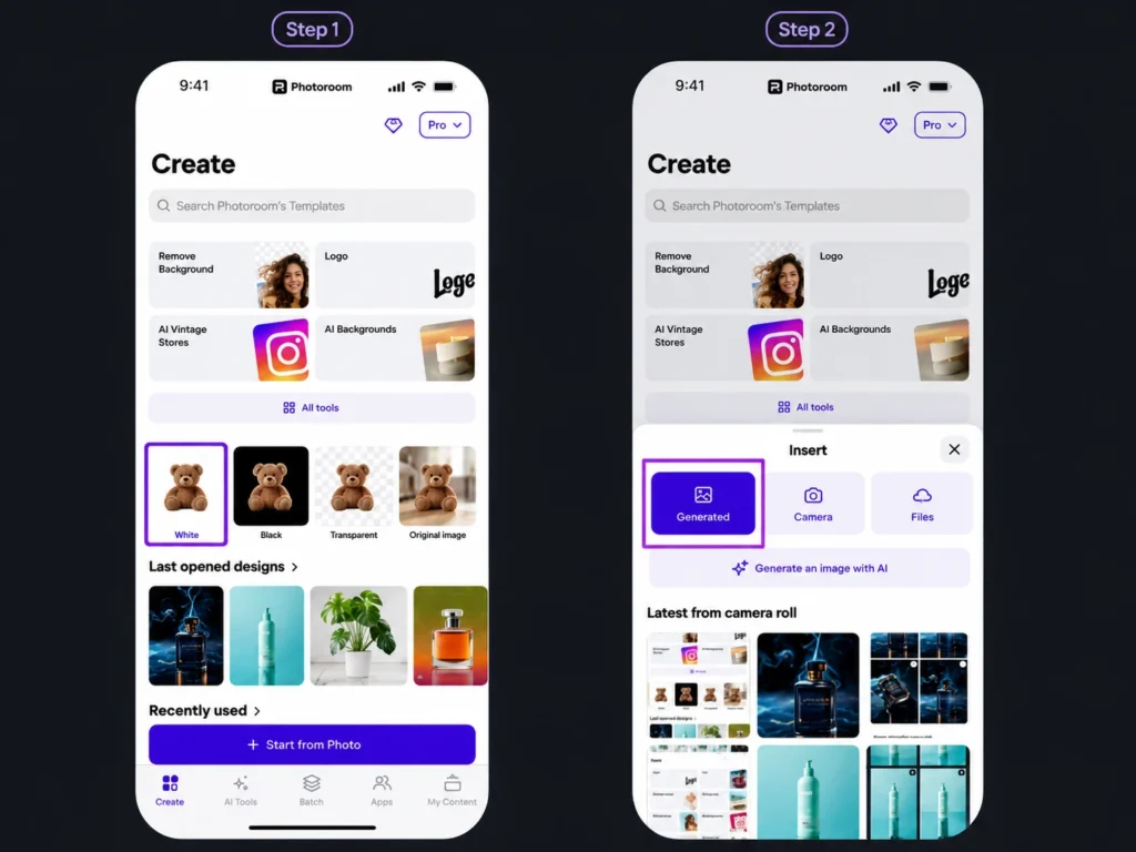 Photoroom mobile app interface showing AI photo editing tools, background removal, product image creation, and template generation features.
