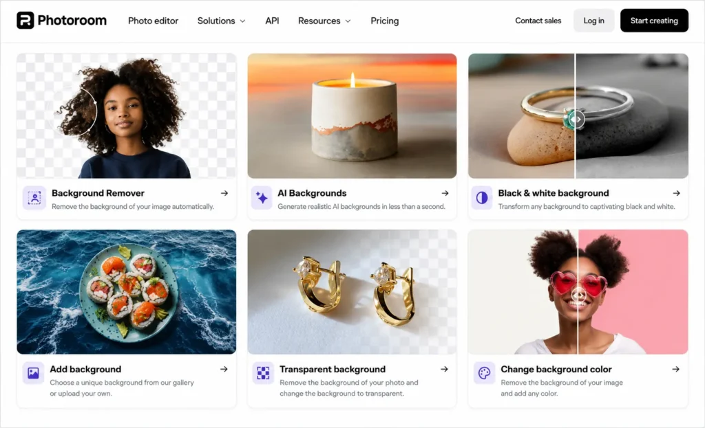 Photoroom AI photo editing platform displaying background remover, transparent background, AI backgrounds, and color background editing tools.