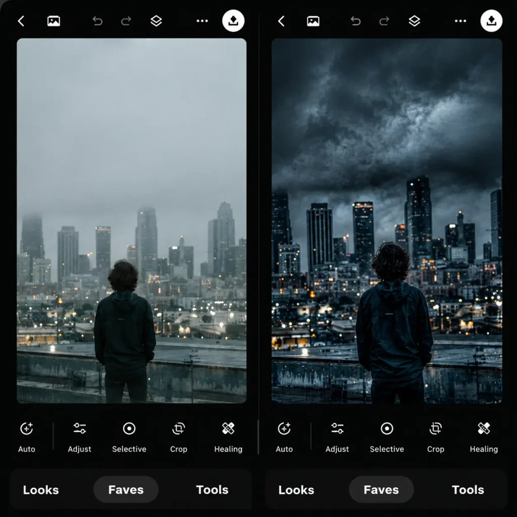 Snapseed mobile photo editor showing before and after cinematic dark mood enhancement on a city skyline portrait photo.