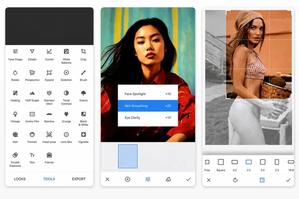 Snapseed mobile photo editing app showing portrait retouching, crop adjustment, HDR enhancement, and advanced image editing tools.