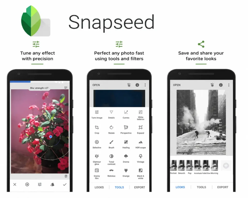 Snapseed mobile photo editing app interface showing advanced filters, tuning tools, blur effects, and black-and-white photo editing features.