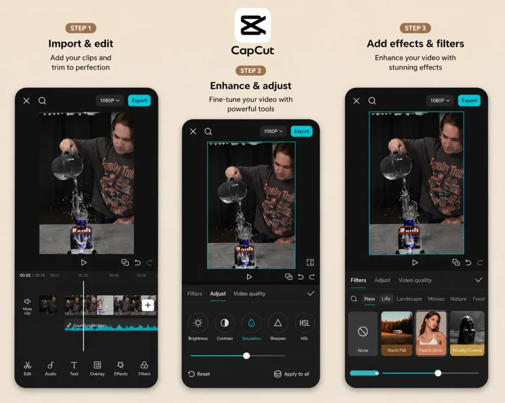 CapCut mobile video editing app showing video trimming, adjustment controls, filters, and cinematic effects for content creation.