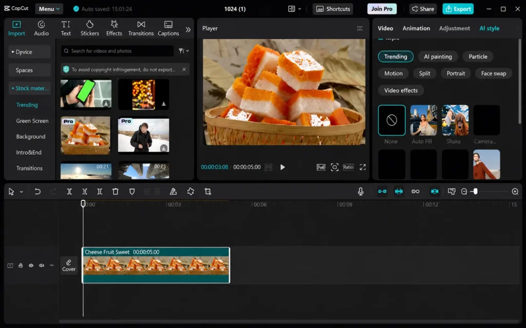 CapCut desktop video editor interface showing AI style effects, timeline editing, transitions, stock media, and professional video customization tools.