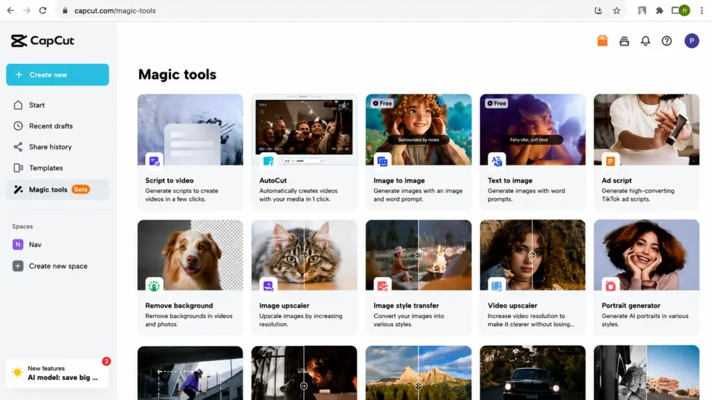 CapCut web editor displaying AI magic tools including image upscaler, background remover, text-to-image generation, and video enhancement features.