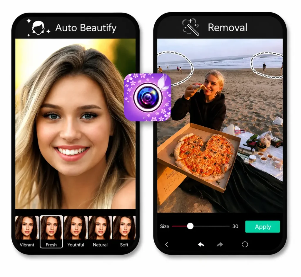 YouCam Perfect mobile app showing AI auto beauty filters, face enhancement, and object removal tools for selfie and beach photography editing.