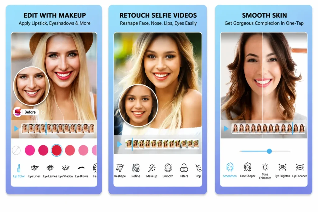 YouCam beauty editing app showing makeup filters, selfie video retouching, face reshaping, and smooth skin enhancement features.