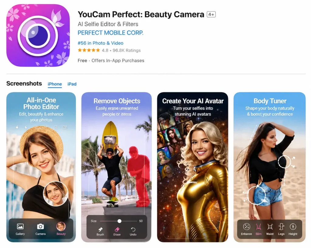 YouCam Perfect mobile app showcasing AI selfie editing, object removal, AI avatar creation, and body tuning photo enhancement features.