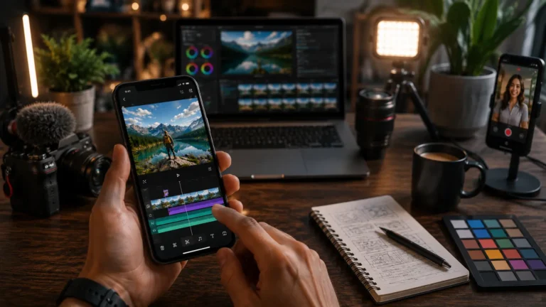 Content creator using free mobile editing apps for videos photos and social media graphics