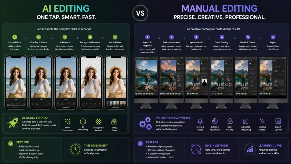 Comparison infographic showing AI-powered editing in Hypic versus manual editing in Photoshop