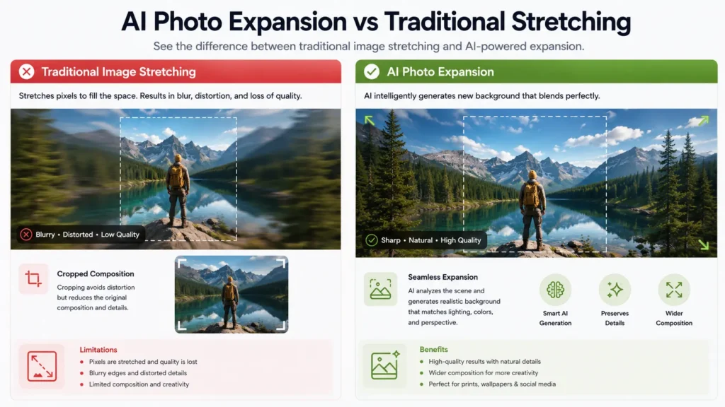Comparison infographic showing AI photo expansion versus traditional image stretching
