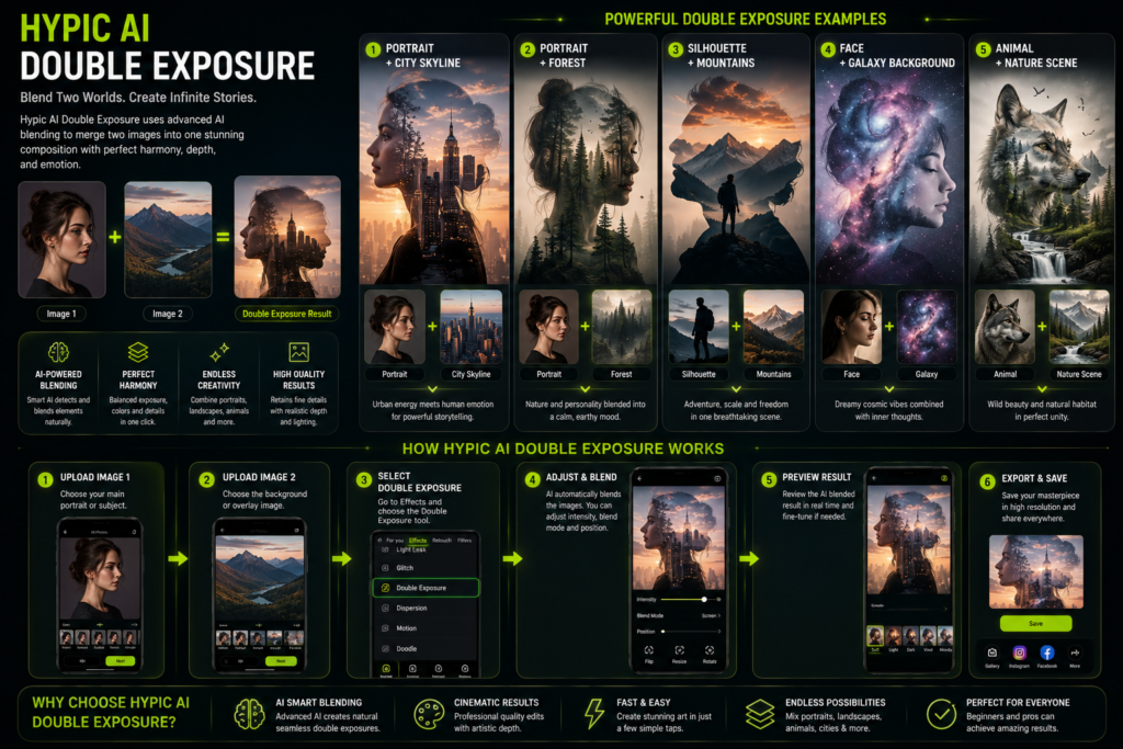 How to Create Stunning AI Double Exposure in Hypic (Guide 2026) 3 Examples of AI double exposure effects created in Hypic