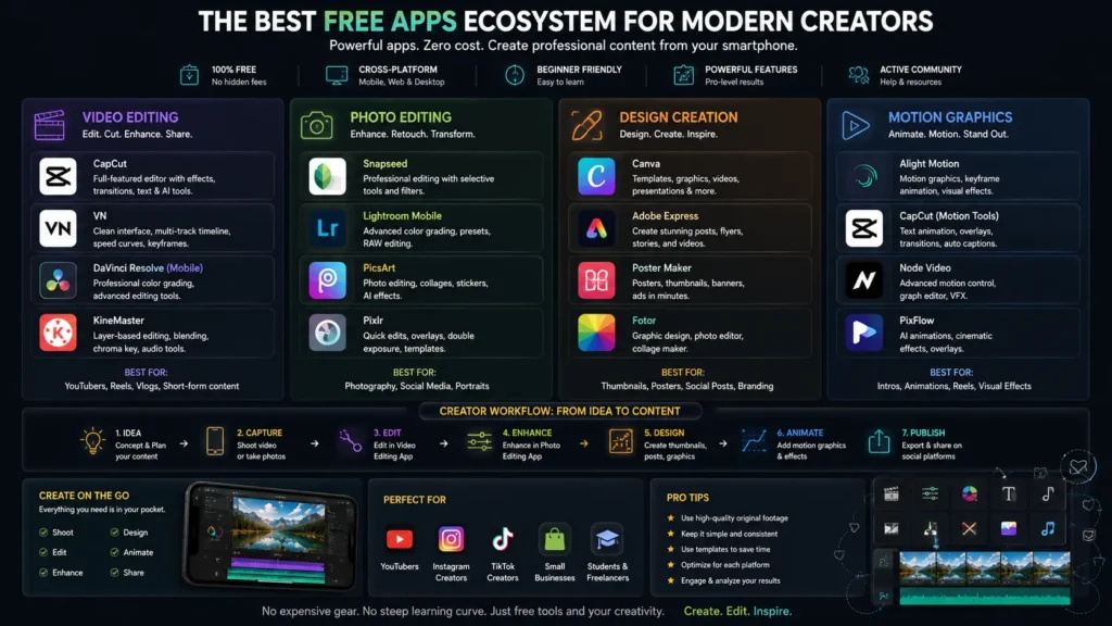 Comparison infographic showing the best free editing apps for video photo design and animation