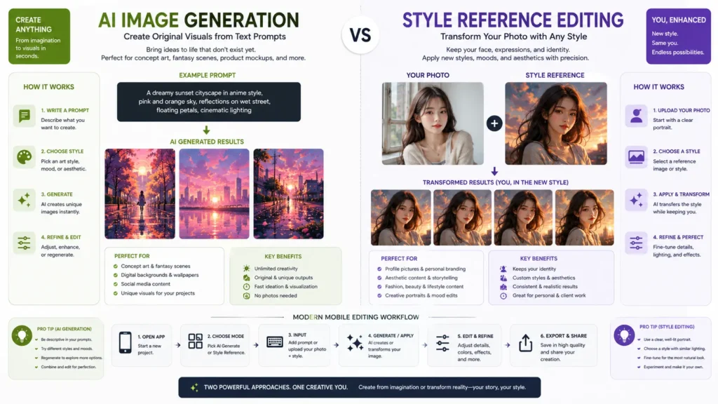 Comparison infographic showing Text-to-Image editing versus Style Reference editing in Hypic