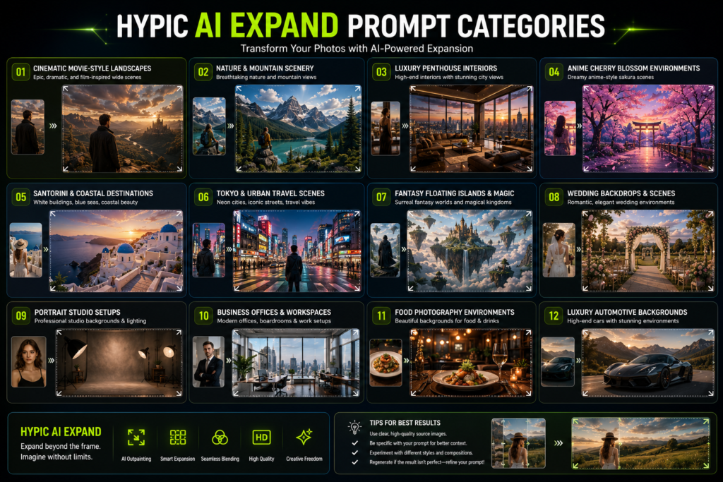 100+ Best Hypic AI Expand Prompts 2026 4 Popular Hypic AI Expand prompt categories including cinematic fantasy travel and luxury scenes