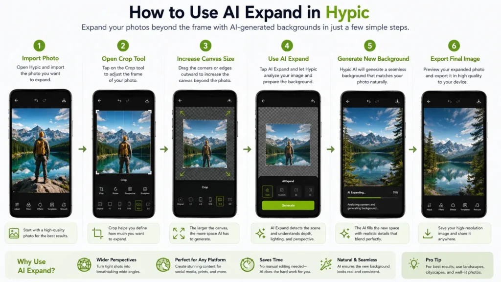 Step-by-step infographic showing how to use Hypic AI Expand tool