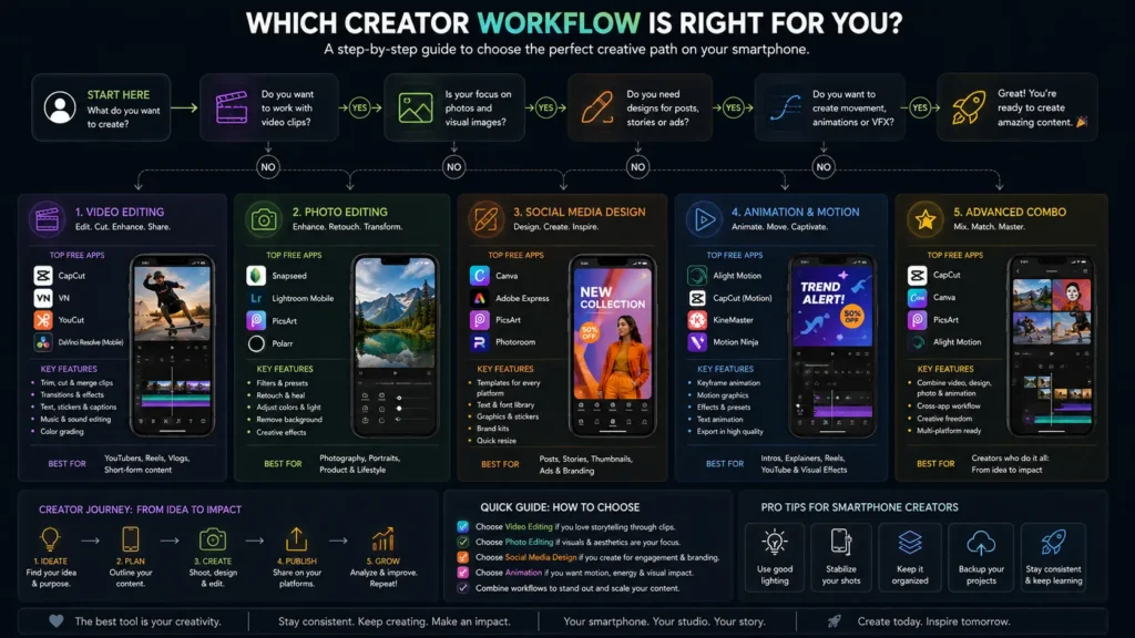 Decision infographic helping creators choose the best editing app for their content goals