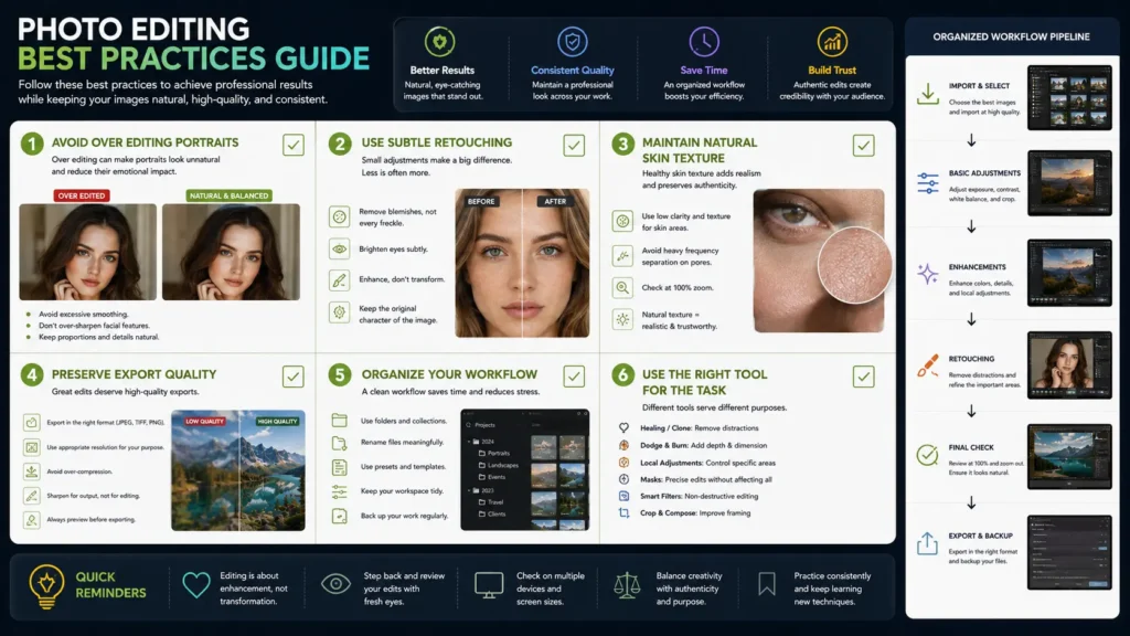 Checklist infographic showing best practices for natural photo editing results