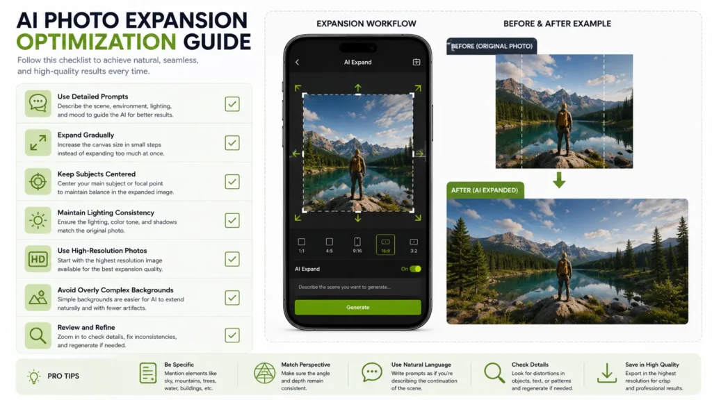 Checklist infographic showing best practices for high-quality AI photo expansion in Hypic