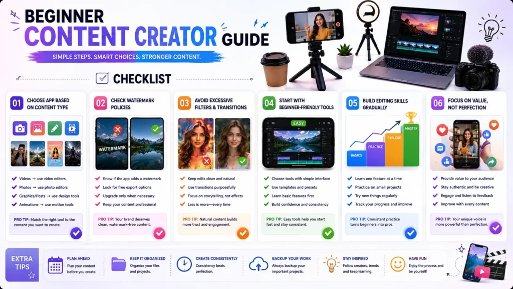 Checklist infographic showing beginner tips for choosing and learning editing apps