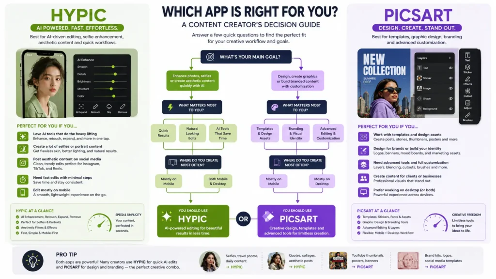 Decision-making infographic showing whether to choose Hypic or Picsart
