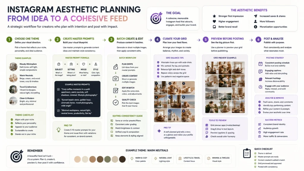 Strategy infographic showing how to build a cohesive Instagram feed using Hypic prompts