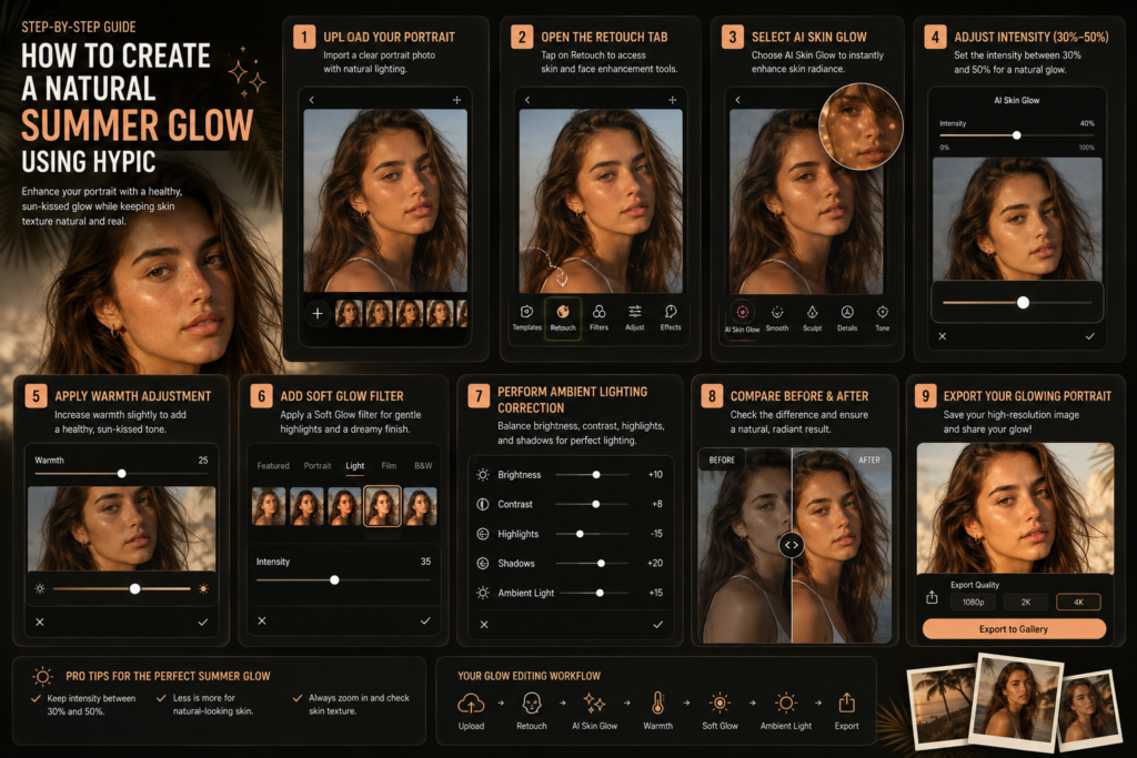 Step by step guide for creating a natural summer glow using Hypic AI Skin Glow