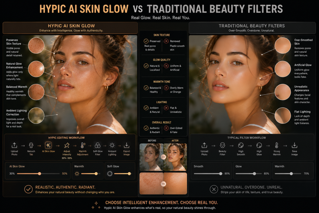 Comparison between Hypic AI Skin Glow and traditional beauty filters